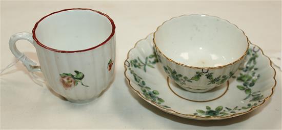 A Bristol fluted coffee cup and a Worcester tea bowl and saucer, c.1770-80, saucer 4.9in.